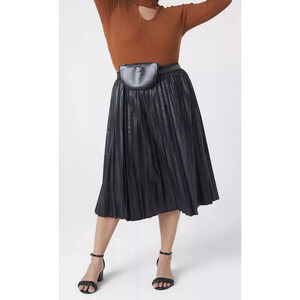 Lane Bryant Skirt Women 14/16 Black Faux Leather Pleated Flared Swing Midi